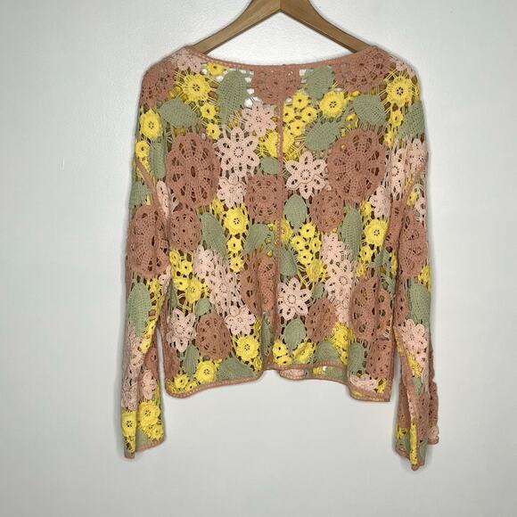 Entro Long Sleeve Crochet Sweater Womens Large Pink Floral Lace Boho Cottage - Picture 9 of 11